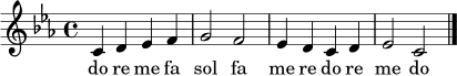 
\relative c' {
\time 4/4
\key c \minor
c4 d es f | g2 f2 | es4 d c d | es2 c2 |
\bar "|."
}
\addlyrics { do re me fa sol fa me re do re me do }

