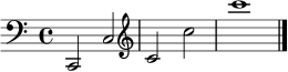 { \clef bass c,2 c | \clef treble c' c'' | c'''1 \bar "|." }
