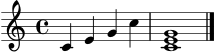 \language "deutsch"
\score {
\new Staff {
\clef treble
\key c \major
\time 4/4
c'4 e'4 g'4 c''4 | <c' e' g'>1 \bar "|."
}
\layout { }
\midi { \tempo 4 = 72 }
}