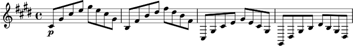 \relative c' {
\key cis \minor
\time 4/4
cis8\p gis' cis e gis e cis gis |
b,8 fis' b dis fis dis b fis |
cis,8 gis' cis e gis e cis gis |
gis,8 dis' gis b dis b gis dis |
}