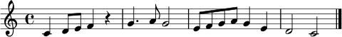 \relative c' {
\clef treble
\key c \major
\time 4/4
c4 d8 e f4 r4 | g4. a8 g2 | e8 f g a g4 e | d2 c \bar "|."
}