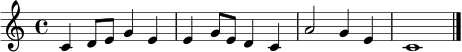 \relative c' {
\clef treble
\key c \major
\time 4/4
c4 d8 e g4 e | e4 g8 e d4 c | a'2 g4 e | c1 \bar "|."
}
