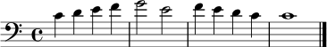 \relative c' {
\set Staff.midiInstrument = "trombone"
\clef bass
\time 4/4
c4 d e f | g2 e | f4 e d c | c1 \bar "|."
}