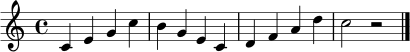 \relative c' {
\clef treble
\time 4/4
c4 e g c | b g e c | d f a d | c2 r2 | \bar "|."
}