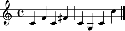\relative c' { \time 4/4 c4 f c fis c g c c' \bar "|." }