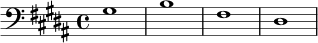 
\relative c' {
  \clef bass
  \key gis \minor
  \time 4/4
  gis1 | b1 | fis1 | dis1
}
