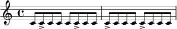\relative c' {
\clef treble
\time 4/4
c8 c-> c c c c-> c c | c8-> c c c c-> c c c |
}