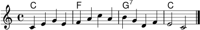 
\score {
  <<
    \new ChordNames { \chordmode { c1 f g:7 c } }
    \new Staff \relative c' { \clef treble \key c \major \time 4/4 c4 e g e | f4 a c a | b4 g d f | e2 c2 \bar "|." }
  >>
  \layout { }
  \midi { \tempo 4 = 88 }
}
