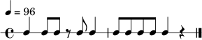 \new RhythmicStaff {
\time 4/4
\tempo 4 = 96
c4 c8 c8 r8 c8 c4 | c8 c8 c8 c8 c4 r4 \bar "|."
}