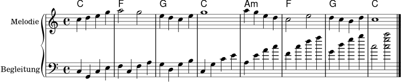 melodie = \relative c'' {
\key c \major \time 4/4
c4 d e g | a2 g2 | e4 d c e | g1 |
a4 g e d | c2 e2 | d4 c b d | c1 \bar "|."
}
begleitung = \relative c {
\clef bass \key c \major \time 4/4
c4 g c e | f c f a | g d g b | c, g' c e |
a, e' a c | f, c' f a | g, d' g b | c,2 <c g' c>2 \bar "|."
}
akkorde = \chordmode {
c1 | f | g | c | a:m | f | g | c
}
\score {
<<
\new ChordNames { \akkorde }
\new PianoStaff <<
\new Staff = "melodie" \with { instrumentName = "Melodie" } { \melodie }
\new Staff = "begleitung" \with { instrumentName = "Begleitung" } { \begleitung }
>>
>>
\layout { }
\midi { \tempo 4 = 92 }
}