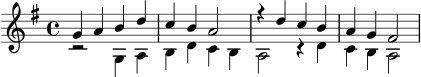 \version "2.24.0"
\score {
\new Staff <<
\new Voice \relative c'' {
\voiceOne
\key g \major
\time 4/4
g4 a b d | c b a2 | r4 d c b | a g fis2
}
\new Voice \relative c' {
\voiceTwo
r2 g4 a | b d c b | a2 r4 d | c b a2
}
>>
\layout { }
\midi { }
}