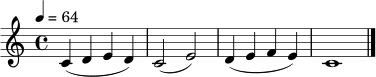 \relative c' {
\key c \major
\time 4/4
\tempo 4 = 64
c4( d e d) | c2( e2) | d4( e f e) | c1 \bar "|."
}