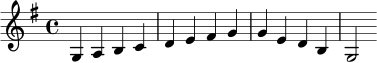 \relative c' { \key g \major g4 a b c d e fis g | g e d b g2 }
