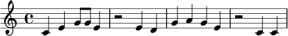 \relative c' {
\key c \major
\time 4/4
c4 e g8 g e4 |
r2 e4 d |
g4 a g e |
r2 c4 c |
}