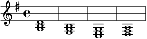 
\version "2.24.0"
\relative c' {
  \key g \major
  \time 4/4
  <g b d>1 | <e g b>1 | <c e g>1 | <d fis a>1 |
}
