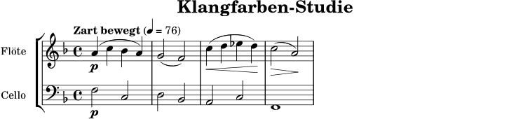 \version "2.22.0"
\header { title = "Klangfarben-Studie" tagline = ##f }
oben = \relative c'' {
\key f \major
\time 4/4
\tempo "Zart bewegt" 4=76
\set Staff.instrumentName = "Flöte"
\set Staff.midiInstrument = "flute"
a4\p( c bes a) | g2( f) | c'4\<( d ees d\!) | c2\>( a\!) |
}
unten = \relative c {
\clef bass
\key f \major
\time 4/4
\set Staff.instrumentName = "Cello"
\set Staff.midiInstrument = "cello"
f2\p c | d bes | a c | f,1 |
}
\score {
\new StaffGroup <<
\new Staff { \oben }
\new Staff { \unten }
>>
\layout { }
\midi { }
}