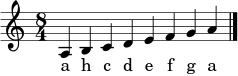 \relative c' { \clef treble \time 8/4 a4 b c d e f g a \bar "|." }
\addlyrics { a h c d e f g a }