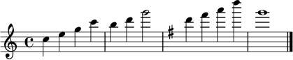 
\relative c'' {
  \clef treble
  \key c \major
  \time 4/4
  c4 e g c | b d g2 | \key g \major d4 fis a d | g,1 \bar "|."
}
