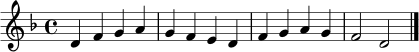 \relative c' { \set Staff.midiInstrument = "choir aahs" \key d \minor \time 4/4 d4 f g a | g f e d | f g a g | f2 d2 \bar "|." }