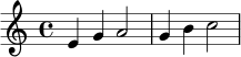 \relative c' {
\key a \minor
\time 4/4
e4 g a2 |
g4 b c2 |
}