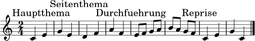 
\relative c' { \key c \major \time 2/4
\mark \markup { Hauptthema } c4 e | g e |
\mark \markup { Seitenthema } d4 f | a f |
\mark \markup { Durchfuehrung } e8 f g a | b a g f |
\mark \markup { Reprise } c4 e | g c, | \bar "|." }
