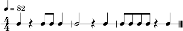 \version "2.22.0"
\header { tagline = "" }
\score {
\new RhythmicStaff {
\numericTimeSignature
\time 4/4
\tempo 4 = 82
c4 r4 c8 c8 c4 | c2 r4 c4 | c8 c8 c8 c8 r4 c4 \bar "|."
}
\layout { }
\midi { }
}