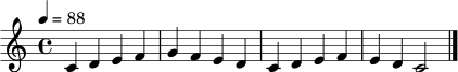 \relative c' { \tempo 4 = 88 \clef treble \key c \major \time 4/4 c4 d e f | g4 f e d | c4 d e f | e4 d c2 | \bar "|." }