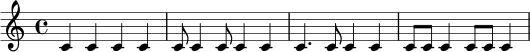 \relative c' {
\time 4/4
c4 c c c | c8 c4 c8 c4 c | c4. c8 c4 c | c8 c c4 c8 c c4
}