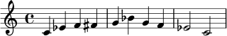 \relative c' {
\key c \major
\time 4/4
c4 ees f fis |
g4 bes g f |
ees2 c2
}