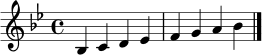 \relative c' {
\clef treble
\key bes \major
bes4 c d es f g a bes
\bar "|."
}
