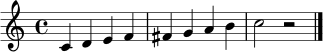 \relative c' { \clef treble \time 4/4 c4 d e f | fis g a b | c2 r2 \bar "|." }