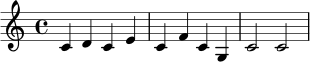 \relative c' { \clef treble \key c \major \time 4/4 c4 d c e | c f c g | c2 c | }