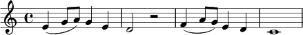 
\relative c' {
  \key c \major
  \time 4/4
  e4( g8 a) g4 e |
  d2 r2 |
  f4( a8 g) e4 d |
  c1 |
}
