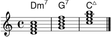 \version "2.22.0"
akkorde = \chordmode { d1:m7 g:7 c:maj7 }
\score {
<<
\new ChordNames \akkorde
\new Staff \relative c' {
\key c \major
\time 4/4
<d f a c>1
<g b d f>1
<c e g b>1
\bar "|."
}
>>
\layout { }
\midi { \tempo 4 = 76 }
}