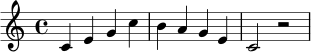 \relative c' { \clef treble \key c \major \time 4/4 c4 e g c | b a g e | c2 r2 | }