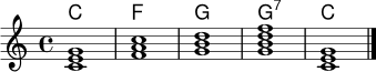 
<<
  \new ChordNames \chordmode {
    c1 f g g:7 c
  }
  \new Staff {
    \key c \major
    \time 4/4
    <c' e' g'>1 | <f' a' c''> | <g' b' d''> | <g' b' d'' f''> | <c' e' g'> \bar "|."
  }
>>
