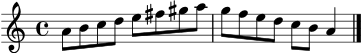 \score {
\new Staff {
\clef treble
\key a \minor
\time 4/4
a'8 b' c'' d'' e'' fis'' gis'' a'' g'' f'' e'' d'' c'' b' a'4 \bar "|."
}
\layout { }
\midi { \tempo 4 = 82 }
}
