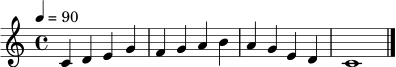 \relative c' {
\key c \major
\time 4/4
\tempo 4 = 90
c4 d e g | f4 g a b | a4 g e d | c1 \bar "|."
}