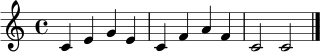 \relative c' { \clef treble \key c \major \time 4/4 c4 e g e | c f a f | c2 c \bar "|." }