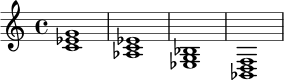 \relative c' {
\time 4/4
<c ees g>1 |
<aes c ees>1 |
<ees g bes>1 |
<bes d f>1 |
}