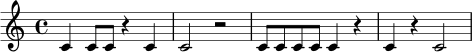 \relative c' { \time 4/4 c4 c8 c r4 c | c2 r2 | c8 c c c c4 r | c4 r c2 | }