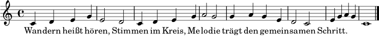 \relative c' { \time 4/4 \key c \major
c4 d e g | e2 d | c4 d e g | a2 g |
g4 a g e | d2 c | e4 g a g | c,1 \bar "|." }
\addlyrics { Wan -- dern heißt hö -- ren, Stim -- men im Kreis, Me -- lo -- die trägt den ge -- mein -- sa -- men Schritt. }