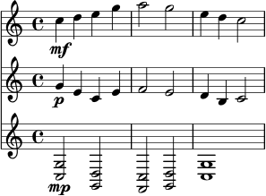 \version "2.22.0"
\score {
<<
\new Staff \with { midiInstrument = "flute" } \relative c'' { \time 4/4 \key c \major c4\mf d e g | a2 g | e4 d c2 | }
\new Staff \with { midiInstrument = "violin" } \relative c'' { \time 4/4 \key c \major g4\p e c e | f2 e | d4 b c2 | }
\new Staff \with { midiInstrument = "acoustic grand" } \relative c { \time 4/4 \key c \major <c g'>2\mp <g d'> | <f c'> <g d'> | <c g'>1 | }
>>
\layout { }
\midi { }
}