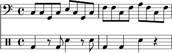 \version "2.22.0"
\score {
<<
\new Staff \with { midiInstrument = "electric bass (finger)" } \relative c {
\clef bass
\time 4/4
\key c \major
c8 c g c e c g c |
f8 f c f a f c f |
}
\new DrumStaff \drummode {
bd4 r8 bd sn4 r8 sn |
bd4 bd sn r |
}
>>
\layout { }
\midi { \tempo 4 = 104 }
}