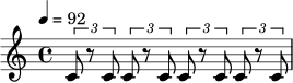 \relative c' {
\time 4/4
\tempo 4 = 92
\tuplet 3/2 { c8 r c }
\tuplet 3/2 { c8 r c }
\tuplet 3/2 { c8 r c }
\tuplet 3/2 { c8 r c }
}