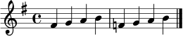 \relative c' {
\clef treble
\key g \major
\time 4/4
fis4 g a b | f! g a b
\bar "|."
}