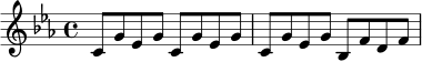 
\version "2.24.0"
\relative c' {
  \key c \minor
  \time 4/4
  c8 g' ees g c, g' ees g |
  c,8 g' ees g bes, f' d f |
}
