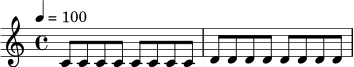 \relative c' {
\time 4/4
\tempo 4 = 100
c8 c c c c c c c |
d8 d d d d d d d |
}