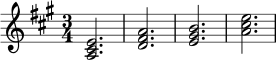 \relative c' {
\key a \major
\time 3/4
<a cis e>2. |
<d fis a>2. |
<e gis b>2. |
<a cis e>2. |
}