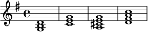 
\relative c' {
  \key g \major
  \time 4/4
  <g b d>1 |
  <c e g>1 |
  <a cis e g>1 |
  <d fis a c>1 |
}
